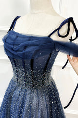 Blue Long Tulle Beaded Prom Dresses, Blue Evening Party Dresses