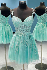 A-Line Tulle Lace Short Prom Dresses, Cute Spaghetti Strap Party Dresses