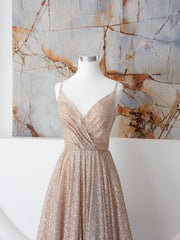 Champagne Spaghetti Strap Sequins Long Prom Dresses, Shiny V-Neck Evening Dresses