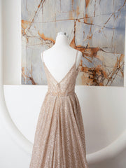 Champagne Spaghetti Strap Sequins Long Prom Dresses, Shiny V-Neck Evening Dresses