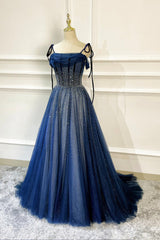 Blue Long Tulle Beaded Prom Dresses, Blue Evening Party Dresses