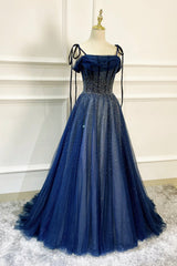 Blue Long Tulle Beaded Prom Dresses, Blue Evening Party Dresses