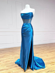 Blue Strapless Pleated Long Prom Dresses, Blue Satin Party Dresses