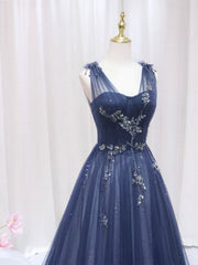 Blue Tulle Beaded Long Prom Dresses, Blue Evening Party Dresses