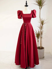 Burgundy Satin Short Sleeve Floor Length Prom Dresses, Burgundy Evening Dresses with Pearls