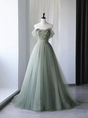 Beautiful Green Tulle Long Prom Dresses, Off Shoulder Evening Dresses