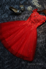 Cute Lace Short A-Line Prom Dresses, Off the Shoulder Party Dresses