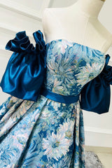 Blue Floral Long Senior Prom Dresses, Blue A-Line Evening Dresses