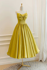 Yellow Satin Short Prom Dresses, Cute A-Line Bow Homecoming Dresses