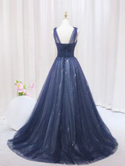 Blue Tulle Beaded Long Prom Dresses, Blue Evening Party Dresses