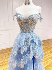 Blue Tulle Sequins Long Prom Dresses, Beautiful Off Shoulder Evening Dresses