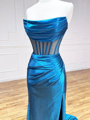 Blue Strapless Pleated Long Prom Dresses, Blue Satin Party Dresses