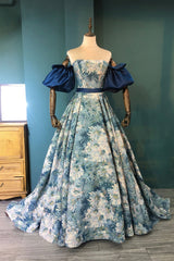 Blue Floral Long Senior Prom Dresses, Blue A-Line Evening Dresses