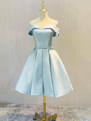 Simple Short Light Blue Satin Party Dresses, Blue A-Line Off the Shoulder Evening Dresses