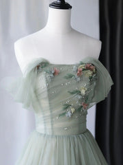 Beautiful Green Tulle Long Prom Dresses, Off Shoulder Evening Dresses