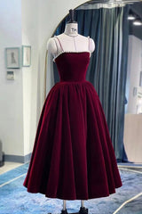 Burgundy Velvet Short Prom Dresses, A-Line Party Dresses with Pearls