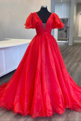 Red Organza Long A-Line Prom Dresses, Beautiful V-Neck Evening Dresses