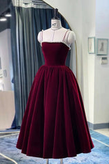 Burgundy Velvet Short Prom Dresses, A-Line Party Dresses with Pearls