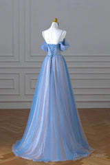 Blue Spaghetti Strap Tulle Floor Length Prom Dress, A-Line Evening Dress