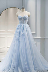 Blue Sweetheart Neck Lace Floor Length Prom Dresses, Lovely Blue Evening Dresses