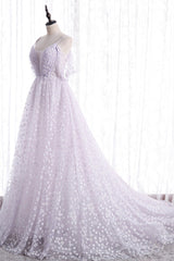 Lovely V-Neck Floral Tulle Long Prom Dresses, Lavender A Line Evening Party Dresses