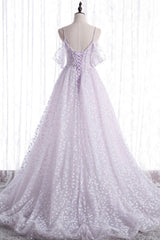 Lovely V-Neck Floral Tulle Long Prom Dresses, Lavender A Line Evening Party Dresses