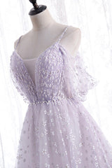 Lovely V-Neck Floral Tulle Long Prom Dresses, Lavender A Line Evening Party Dresses