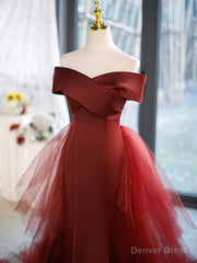 Mermaid V-Neck Satin Long Prom Dress,  Burgundy Off Shoulder Evening Dress with Bow