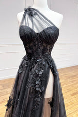 Black Tulle Lace Long Prom Dresses, One Shoulder Evening Dresses with Slit