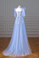 Blue Spaghetti Strap Tulle Lace Long Prom Dresses, A-Line Evening Party Dresses