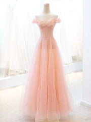 Pink Tulle Sequins Long Prom Dresses, A-Line Lovely Evening Party Dresses