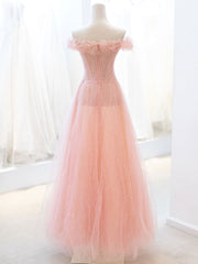 Pink Tulle Sequins Long Prom Dresses, A-Line Lovely Evening Party Dresses