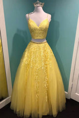 Yellow Lace Two Pieces Prom Dresses, A-Line Evening Party Dresses