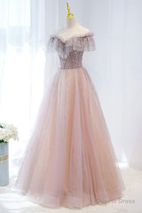 Pink Tulle Beaded Long Formal Dress, Pink V-Neck Prom Dress