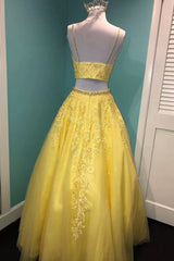 Yellow Lace Two Pieces Prom Dresses, A-Line Evening Party Dresses