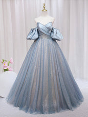 Blue Puff Sleeve Long A-Line Prom Dresses, Off the Shoulder Formal Evening Dresses