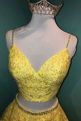 Yellow Lace Two Pieces Prom Dresses, A-Line Evening Party Dresses