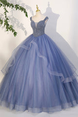 Blue Beaded Tulle Long A-Line Prom Dresses, Blue Formal Evening Dresses