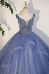 Blue Beaded Tulle Long A-Line Prom Dresses, Blue Formal Evening Dresses