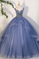 Blue Beaded Tulle Long A-Line Prom Dresses, Blue Formal Evening Dresses