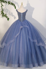 Blue Beaded Tulle Long A-Line Prom Dresses, Blue Formal Evening Dresses