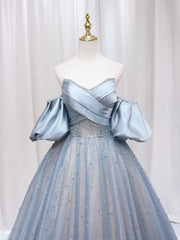 Blue Puff Sleeve Long A-Line Prom Dresses, Off the Shoulder Formal Evening Dresses