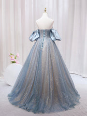 Blue Puff Sleeve Long A-Line Prom Dresses, Off the Shoulder Formal Evening Dresses