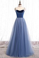 Blue Velvet Tulle Long Prom Dresses, Blue A-Line Evening Dresses