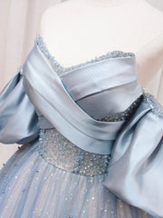 Blue Puff Sleeve Long A-Line Prom Dresses, Off the Shoulder Formal Evening Dresses