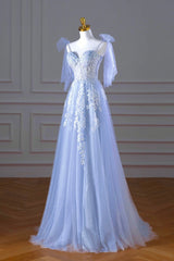 Blue Spaghetti Strap Tulle Lace Long Prom Dresses, A-Line Evening Party Dresses