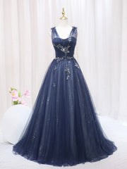 Blue Tulle Beaded Long Prom Dresses, Blue Evening Party Dresses