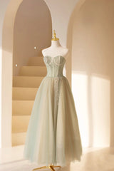 Lovely Strapless Long Tulle Prom Dresses, A-Line Evening Dresses