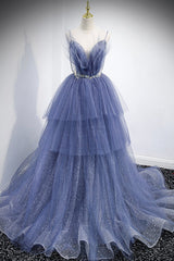 Blue Layers Tulle Long Prom Dresses, A-Line Spaghetti Straps Evening Dresses