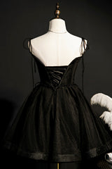 Black Tulle Short Prom Dresses, Lovely A-Line Spaghetti Strap Party Dresses